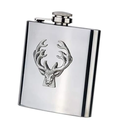 Image of Farm Cottage Brands 6oz oblong Stainless Steel hip flask with funnel in a presentation box pewterware motif of stag&#039;s head and antlers