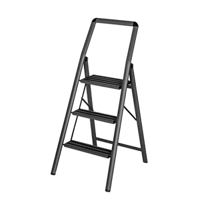 Image of WENKO Aluminium Folding Compact 3 Step Dark Grey, Lightweight and Non Slip Household Ladder, Safety Stepladder, Plastic, Darkgray, 48 x 114,5 6 cm