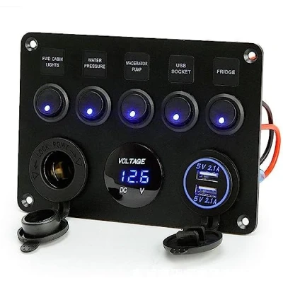 Image of TOHUBE 12V/24V Switch Panel Toggle Dual USB Charger Port 4.2A, Digital Voltmeter Display Car Rocker Switches Lighter Socket 5 Gang for Boat Truck