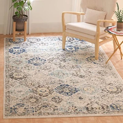 Image of Safavieh Modern Chic Rug for Living Room, Dining Bedroom Madison Collection, Short Pile, in Ivory and Aqua, 91 X 152 cm