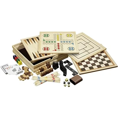 Image of Philos Wooden Game Compendium 30cm 8 in 1 Board Chess, Backgammon, Draughts, Nine Mens Morris, Ludo, Dominoes, Playing cards and Mikado Games for kids adults