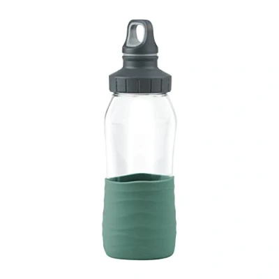Image of Emsa N31011 Drink2Go Glass Drinking Bottle, 0.5 L, Screw Cap, 100% Leak Proof, Hygienic/Pure, Silicone Sleeve, Petrol Green