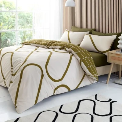 Image of Catherine Lansfield Linear Curve Geometric Reversible King Duvet Cover Set with Pillowcases Olive Green