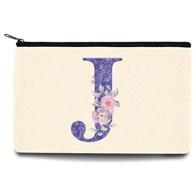 Image of 26 Letter Printed Zip Canvas Pouch Makeup Bag Make Up Bag, Cosmetic Travel Bag,Toiletry Bag,Organizer Bags,Toiletry Bags, Bride Bridesmaid Bag,Pencil Bag,Wash Bag,Coin Purse (Purple Flower J)