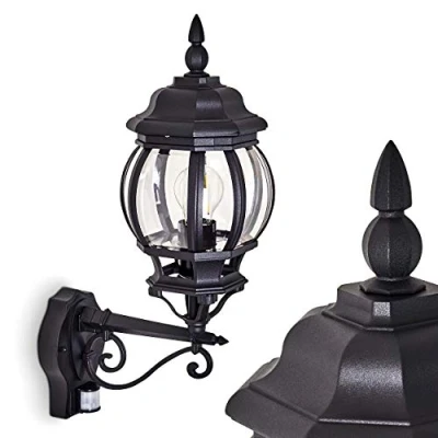 Image of Outdoor wall lamp Lentua with motion detector, light upwards in antique look, cast aluminium black plastic lenses, for terrace/yard E27 socket, retro/vintage, without bulbs
