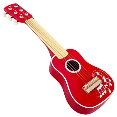 Image of SOKA Wooden Red Guitar Musical Instrument Pretend Play Music Toy Interactive Role Game Early Developmental Gift for Children Toddler Kids Boys Girls Ages 3 year old +