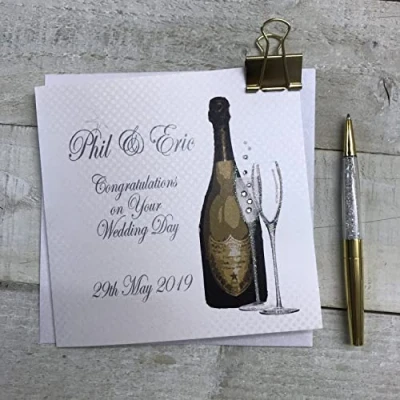 Image of WHITE COTTON CARDS PERSONALISED GAY WEDDING CARD. MR &amp; CHAMPAGNE FLUTES DESIGN. Handmade (P19 36 XP19 36)