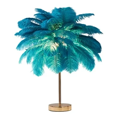 Image of DUNMW Creative Green Ostrich Feather Table Lamp Bedside Light Luxury and Elegant Lampshade Night Lighting for Living Room Bedroom Home Decoration, Rechargeable