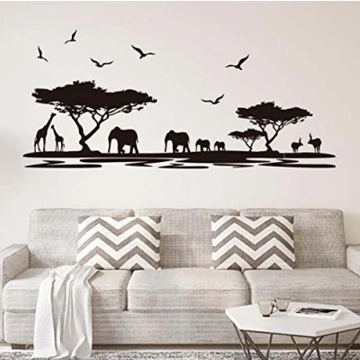 Image of ufengke African Safari Silhouette Wall Art Stickers Trees Elephant Giraffe Birds Antelope Black Decorative Removable DIY Vinyl Decals Living Room, Bedroom Mural
