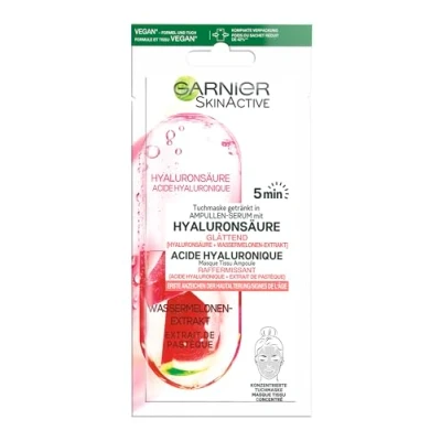 Image of Garnier Cloth Mask, Face Mask for First Signs of Skin Ageing, Smoothing, Drinked in Ampoule Serum, Vegan Formula with Hyaluronic Acid and Watermelon Extract, 15 g