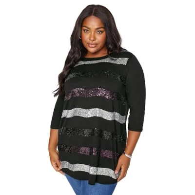 Image of Yours Curve Stripe Sequin Embellished Top Women&#039;s Plus Size