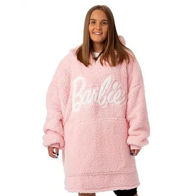 Image of Barbie Womens Wearable Blanket Ladies Embroidered Classic Logo Fleece Hoodie in Pink Adults Fashionable Cosy Heavyweight Snuggle Hooded Pullover Doll Fashion Movie Loungewear Gift for Her