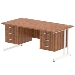 Image of Impulse 1600x800 Desk Walnut White Cantilever Leg + 2x Fixed Pedestal