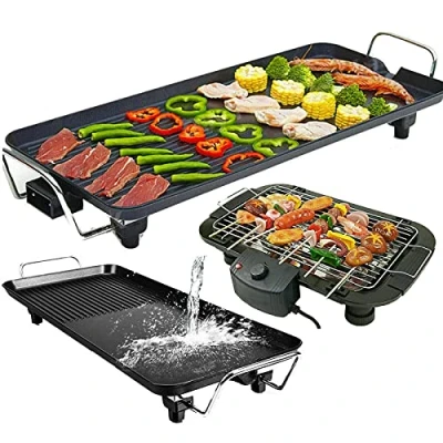 Image of Electric Griddle Non Stick Teppanyaki Grill Pan Smokeless Barbecue Large Table Top Cooking Portable Indoor Hot Plate with Fat Drip Tray and Adjustable Temperature 48 x 27 8 cm