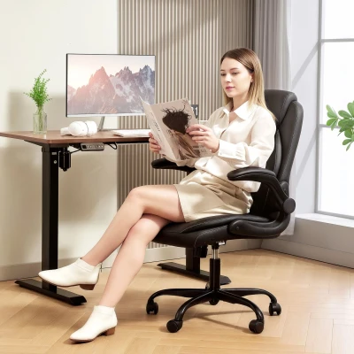 Image of HOMCOM Executive Office Chair with Flip Up Armrests, PU Leather Computer Desk Thick Cushion, Tilt Function, Height Adjustable for Home, Black