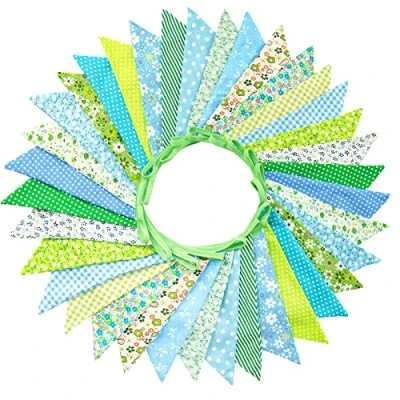 Image of G2PLUS 36PCS Large Fabric Bunting Banner, 10M Double Sided Cotton Triangle Flag Garland 17x19CM Two Layer Blue and Red Floral Pennants for Wedding Birthday Parties