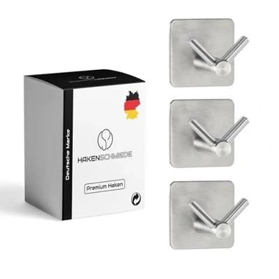Image of HAKENSCHMIEDE Towel Rail No Drilling Set of 3 Self Adhesive Hooks, Bathroom Stainless Steel, Stylish Wall Hooks as Extra Strong