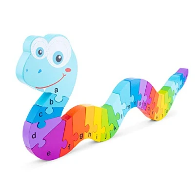 Image of New Classic Toys 10533 Snake Puzzle Educational Wooden for 3 Year Old Boy and Girl Toddlers Learn The Alphabet, Multi Color