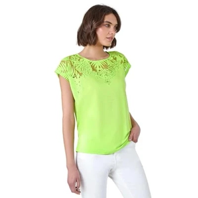 Image of Roman Originals Sparkle Palm Print Burnout T Shirt for Women UK Ladies Everyday Holiday Spring Summer Round Neckline Comfy Soft Evening Vacation Work Party Lime Size 12