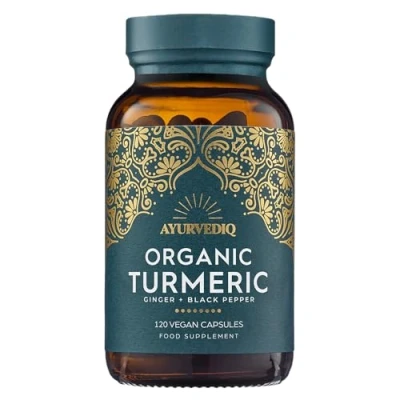 Image of Ayurvediq Wellness, 120 caps Organic Turmeric Ginger and Black Pepper Capsules Curcumin Capsules, Supplement, Gluten Free, Dairy Vegan