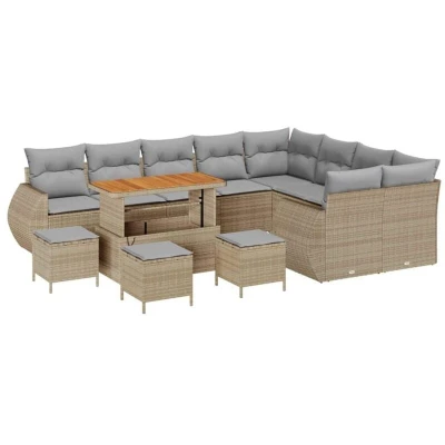 Image of vidaXL 13 Piece Garden Sofa Set with Cushions Beige Poly Rattan Acacia