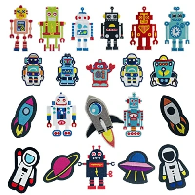 Image of Woohome 21 PCS Robot Iron on Patches Solar System Rocket Embroidered Applique Sew Stickers for Clothing Shoes Jacket Jeans