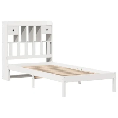 Image of vidaXL Solid Wood Bed, Wooden Bed with Headboard, Slatted Frame, Single for Bedroom, White, 90 x 200 cm, Pine