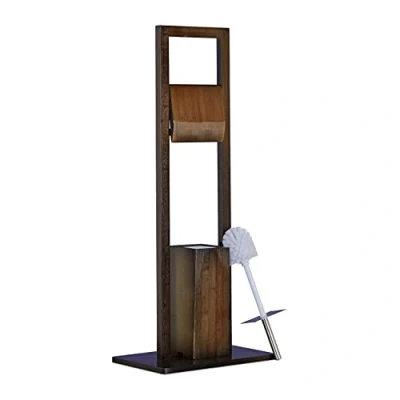 Image of Relaxdays Bath Accessory Set, Roll Holder, Brush, Toilet Paper Stand, Bamboo, 82 x 36 21 cm, Brown, cm