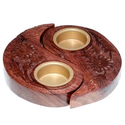 Image of Puckator Carved Sheesham Wood Round Yin Yang Tea Light Holder Living Room Accessories Themed Home Decoration Ornaments Candle Table Centrepiece