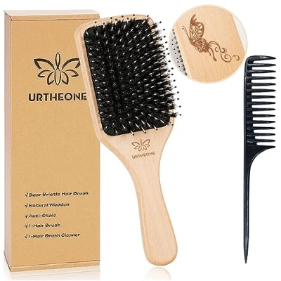 Image of Hair Brush Boar Bristle Hairbrush for Thick Curly Thin Long Short Wet or Dry Adds Shine and Makes Smooth, Best Paddle Brushes Comb Set Men Women Kids