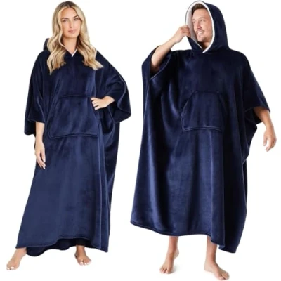 Image of Hooded Blanket with Ultra Soft Sherpa Lining Warm Cosy Oversized Thermal Throw Hoodie (Navy (Full Length))