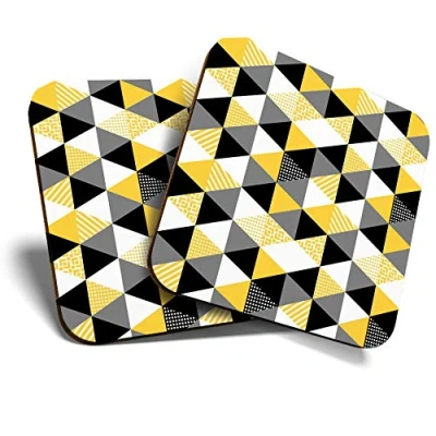 Image of Great Coasters (Set of 2) Square/Glossy Quality Coasters/Tabletop Protection for Any Table Type Yellow Black White Geometric #3296