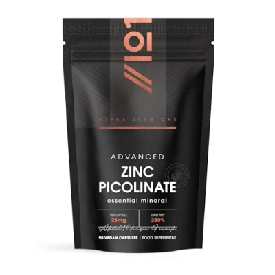 Image of Zinc Picolinate 25mg 90 Vegan Capsules (3 Months Supply) 250% Daily NRV Elemental Resealable and Recyclable Pouch by Alpha0®