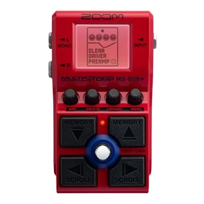 Image of Zoom MS 60B+ bass multi effect pedal, simulation of famous amplifiers and sound defining preamps, plus 75 effects such as overdrive, octaver, filter, modulation, synths, distortion more, red