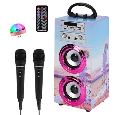 Image of DYNASONIC Karaoke Machine with 2 Microphones, Portable Bluetooth Speaker Lights, USB and SD Reader, Gift for Children Ages 5 13 (Model 17 lights)