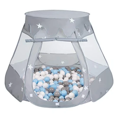 Image of Selonis Play Tent 105X90cm/200 Balls Castle House Pop Up Ballpit Plastic For Kids, Grey:Grey/White/Babyblue