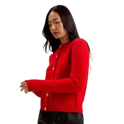 Image of Ted Baker Womens Wmk jaycey Rose Button Crew Neck Cardigan Sweater, Red, 16 UK