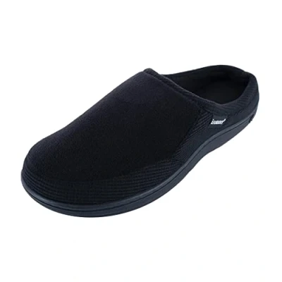 Image of isotoner Men&#039;s Microterry and Waffle Travis Slip on Hoodback with Memory Foam Slipper, Black, 7/8 UK