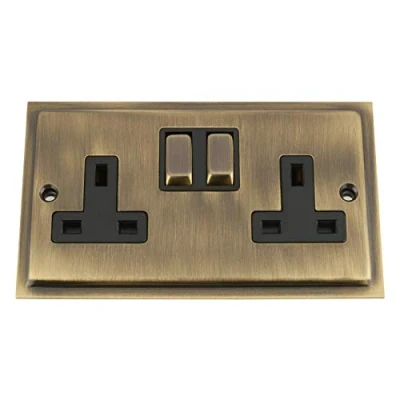 Image of Antique Brass Slimline/Elegance Socket 2 Gang Black Insert Metal Rocker Switch