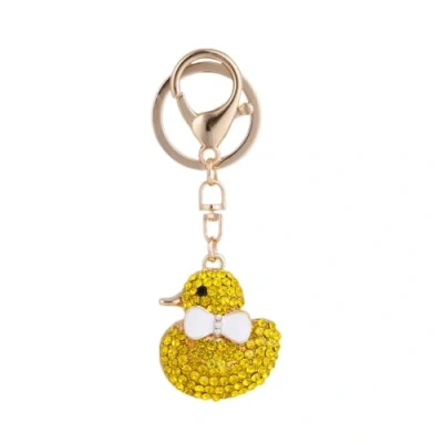 Image of ZDHC Cute Rubber Ducky Keychain Bling Crystal Yellow Happy Duck Keyring Rhinestone Bow Bag Purse Charm for Women Girls