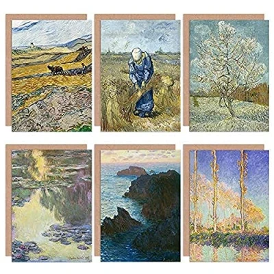 Image of Artery8 Monet Van Gogh Poplars Waterlilies Field Ploughman Mixed Fine Art Greeting Card Pack of 6