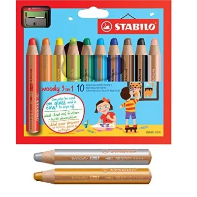 Image of Stabilo Woody 3 in 1 Colouring Pencil, Watercolour and Wax Crayon 10 + 2 Pack with Sharpener Colours Gold Silver