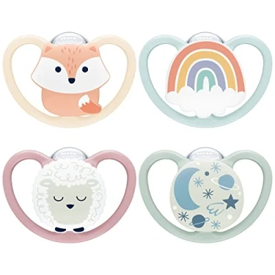 Image of NUK Space Day &amp; Night Baby Dummy 0 6 Months Glow in the Dark Soothers with Extra Ventilation for Sensitive Skin BPA Free Silicone Fox Sheep 4 Count
