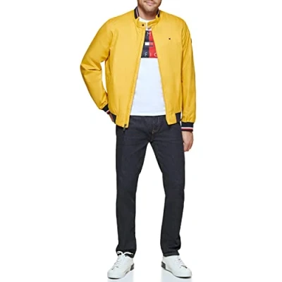 Image of Tommy Hilfiger Men&#039;s Lightweight Varsity Rib Knit Bomber Jacket Shell, Yellow Poly, XL