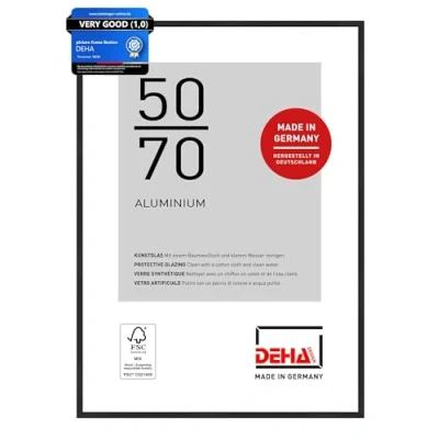 Image of DEHA Design Boston Photo Frame 50x70cm, Aluminium Picture Frame, Black with Protective Acrylic Glazing and Push Turn Clips Jet Matt
