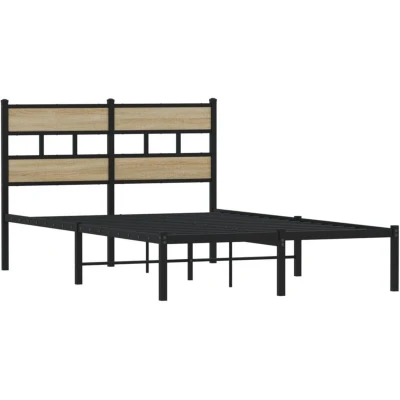 Image of vidaXL Metal Bed Frame with Headboard Sonoma Oak Finish Double Slatted Base Black Iron 120x200 cm Underbed Storage Space Only