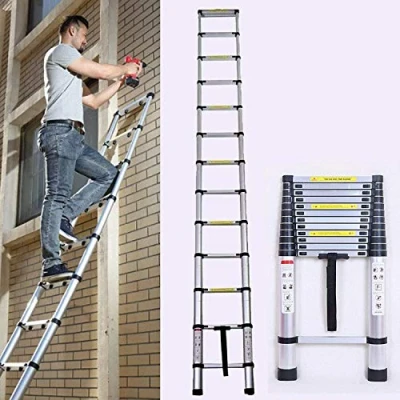 Image of 5m Telescopic Ladder DIY Aluminum Alloy Folding Ladder, Lightweight Portable Extension Anti Slip 13 Step for Attic Loft Office, EN131, 150KG Max Load