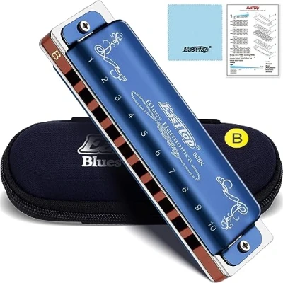 Image of East top 10 Holes 20 Tones 008K Diatonic Harmonica Key of B with Blue Case, Standard Harmonicas For Adults, Professional Player and Students