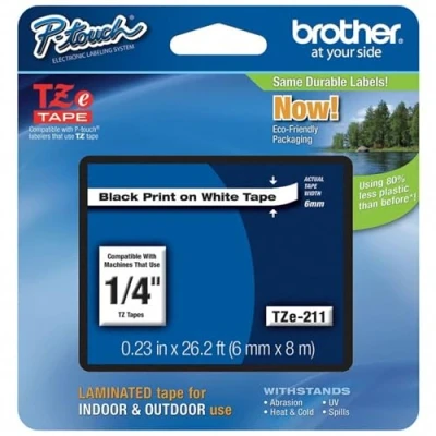 Image of Brother Genuine P touch TZE 211 Label Tape 1, 1/4&quot; (0.23&quot;) Standard Laminated Tape, Black on White, for Indoor or Outdoor Use, Water Resistant, 26.2 Feet (8M), Single Pack