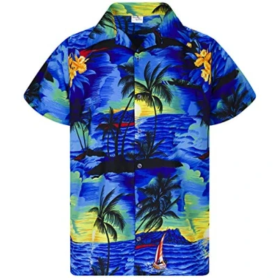 Image of King Kameha Men&#039;s Surf Shirt Short Sleeve Casual Button Down Hawaii Vacation, Surf, Blue, XL